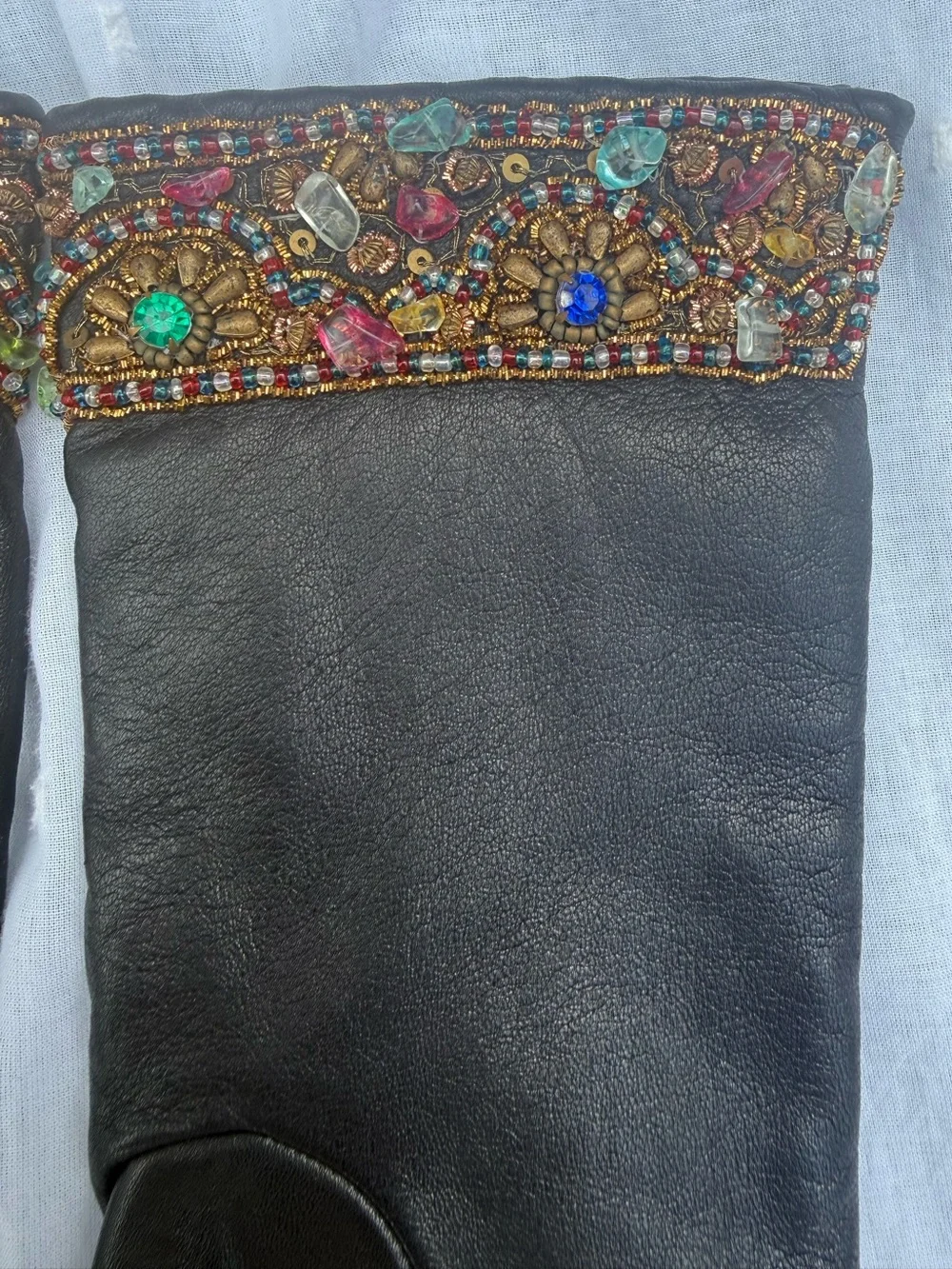 Vintage Beaded Cuff Genuine Leather Gloves Dark Brown Statement Accessories M